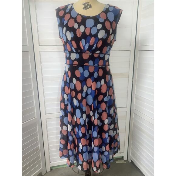 I LE New York Geometric Circle Print Sleeveless Fit & Flare Midi Dress Sz 8 - Picture 1 of 9